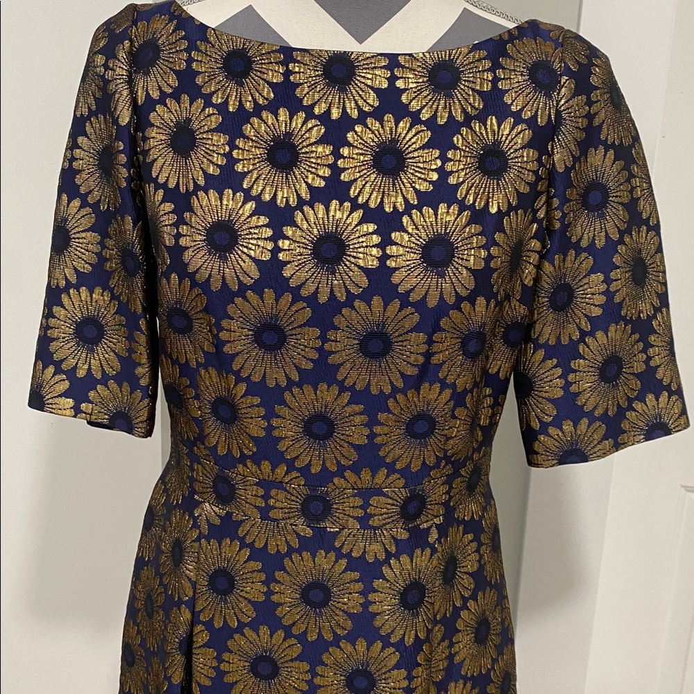 Boden Navy and Gold Sunflower Midi Dress